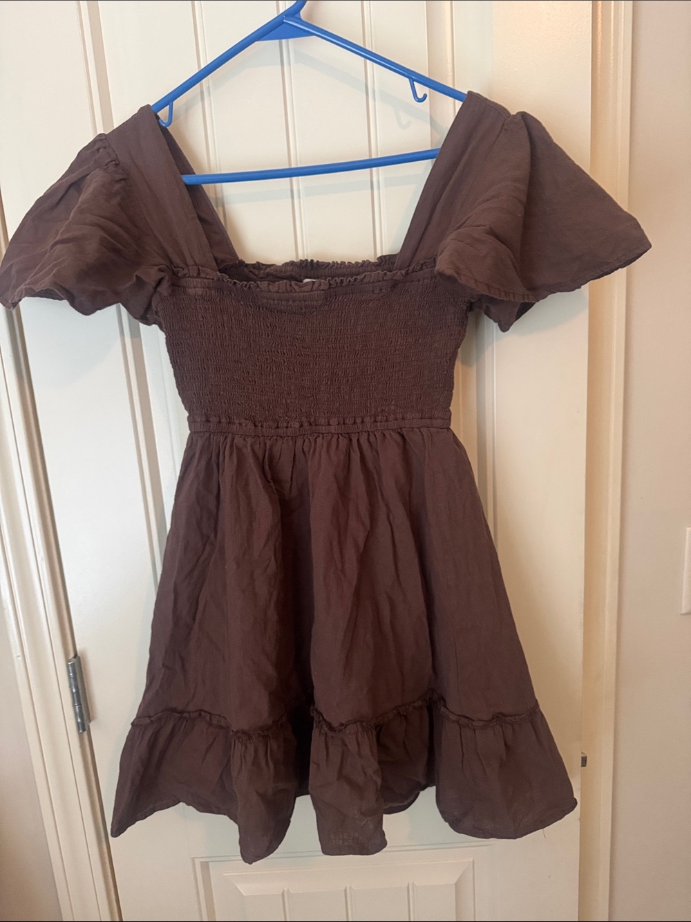 Altar'd State Brown Square-Neck Puff Sleeve Mini Dress